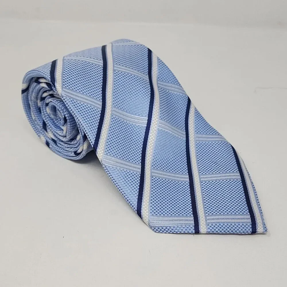 Baoloc Silk Tie Mens One Size Light Blue Navy Stripe 100% Silk Handmade Necktie